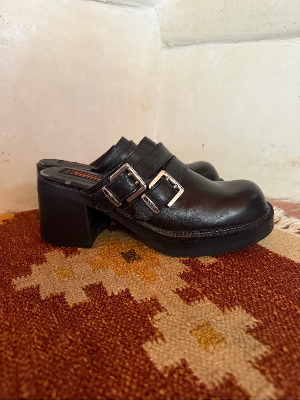Y2K Harley-Davidson Black Leather Buckle Clog Mules size 8